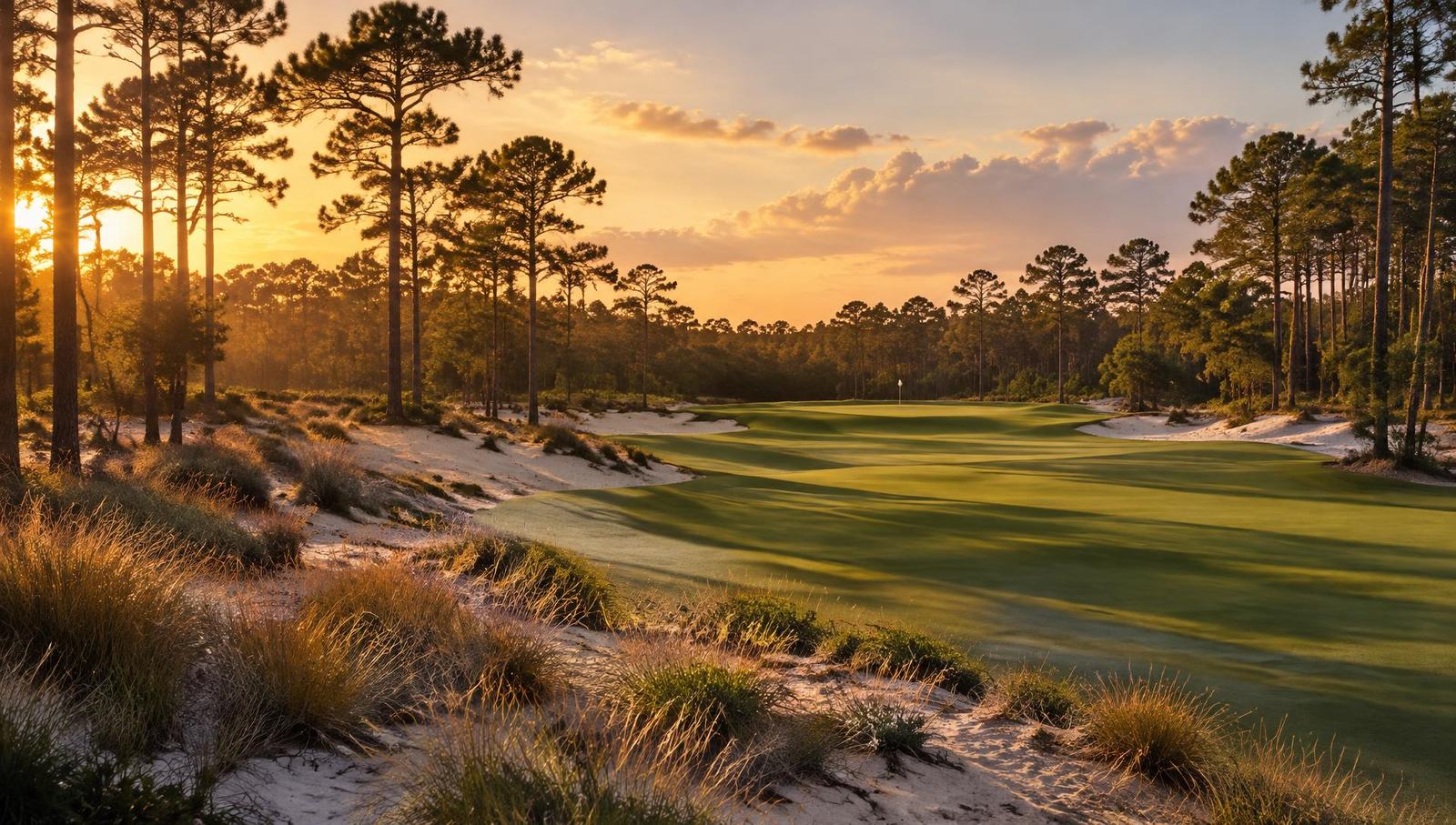 Golden-hour fairway lined with longleaf pines in the North Carolina Sandhills